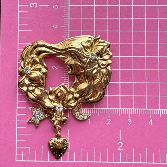 Kirk’s Folly Art Nouveau Lady of The Lake Face Gold Tone Rhinestone Brooch Pin - Picture 5 of 7